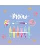 Комплект от 6 двувърхи маркера Legami - Meow в жълто, зелено, оранжево, розово, лилаво и светлосиньо са на пастелнолилав фон с лапички. Текст: мяу и "12 цвята, двоен скосен връх: 1 мм / 4 мм.-3-thumb