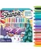 Комплект перманентни маркери Sharpie Winter Holiday, 25 цвята с цветни капачки и зимна илюстрация на опаковката. Маркерите са подредени в редица, показващи разнообразие от ярки цветове.-1-thumb