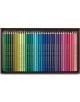 Кутия с Caran d'Ache Supracolor цветни моливи, подредени в редица, с градиент от зелено, синьо и лилаво до червено и розово в тъмнокафява правоъгълна кутия.-2-thumb