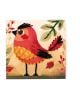 Илюстрирана червена птица с черно и жълто бродиране стои на трева сред листа и червени плодчета. Комплект за бродиране върху карти Graine Creative - Гора, мотивите изпъкват на бежов фон.-4-thumb