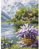 Комплект за лесно рисуване с акрилни бои Ideyka - Люлякова кошница (30x40 см) създава впечатляваща сцена с лилава кошница край езеро, 2 дървени къщички, гори и заснежени планини под облачно небе върху платно с подрамка.-1-thumb
