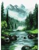 Комплект за лесно рисуване с акрилни бои Ideyka - Планинска мистерия, 30 x 40 см" изобразява река сред борова гора, големи камъни във водата и заснежени планини в мъгливия фон под ярко небе.-1-thumb