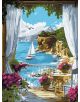 Насладете се на морски пейзаж със слънчево пристанище от балкон с бели завеси и цветя, докато рисувате по номера със Комплект за лесно рисуване с акрилни бои Ideyka - Слънчево пристанище, 30 x 40 см.-1-thumb