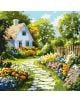 Оживете красива бяла къща с керемиден покрив сред цветна градина с Комплект за лесно рисуване с акрилни бои Ideyka - Цветна градина, 40 x 40 см, върху платно с подрамка и синьо небе.-1-thumb