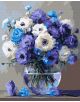 Комплектът за лесно рисуване с акрилни бои Ideyka - Букет сини цветя (40 x 50 см) съдържа изображение на стъклена ваза със сини, бели и лилави цветя върху фон в меко абстрактен стил - идеален за рисуване по номера върху платно.-thumb