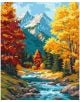 Комплект за лесно рисуване с акрилни бои Ideyka - Есенна гората (40x50 см): Пейзаж с река, скали, жълти и оранжеви дървета, борове и заснежени планини под синьо небе.-1-thumb
