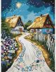 Комплектът за лесно рисуване с акрилни бои Ideyka - Хижа, 30 x 40 см представя вълшебна сцена: цветна пътека между две къщички с покрив от слама, обградени от ограда и изобилие от цветя под звездното небе.-thumb