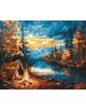 Комплект за лесно рисуване с акрилни бои Ideyka - Нощ в гората (40x50 см): Платно с подрамка с есенна гора, оранжеви дървета, планини, спокойно езеро и светеща палатка под пъстро залезно небе.-1-thumb