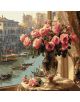 Насладете се на рисуване с "Комплект за лесно рисуване с акрилни бои Ideyka - Рози във Венеция, 40 x 40 см" - рози във ваза край прозорец с изглед към канал и гондоли сред исторически венециански сгради, огрени от топло слънце.-1-thumb
