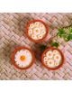 The Комплект за правене на свещ Graine Creative - Маргаритки включва три кръгли свещи в теракотени саксии с маргариткови мотиви, аранжирани върху плетена подложка до зелени бръшлянови листа.-6-thumb