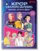 Корица на KPop Demon Hunters: Официална книга за занимания с шест илюстрирани герои със смели прически и облекла. Корицата популяризира пъзели, лабиринти, стикери и има брандинг на Netflix в горната част.-thumb