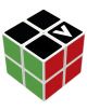Кубче за редене V-Cube 2х2 има зелени, червени и черни повърхности; на един от черните квадрати се откроява бяла черта, която подчертава този логически пъзел (куб на Рубик).-1-thumb