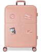 Големият куфар Pepe Jeans Chest Pink, 70 см, от ABS материал с 4 колела и украса с P лого, UK флаг и два правоъгълни стикера, стои изправен на бял фон.-1-thumb