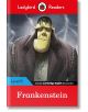 Корица на Ladybird Readers Level 6 - Frankenstein, ELT graded reader, на която е изобразено карикатурно чудовище на Франкенщайн в тъмно палто, а зад него се виждат светкавици и бурно небе.-1-thumb