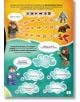 Ярко илюстрирана страница от книгата „Lego: Хари Потър“ – Магически уроци на български език, включваща магически уроци със стрелки, облаци, магически създания и LEGO минифигурки – включително Хари и Невил – които решават пъзел с помощта на заклинания и ук-4-thumb