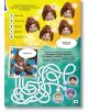 Страница с пъзел от книгата „Lego: Хари Потър – Магически уроци“, на която са изобразени пет изражения на лицето с прически на кок, лабиринт и магическа сцена със сини вихри. Страницата съдържа текст на български език, варианти за избор, обозначени с букв-6-thumb