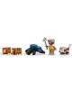 Комплектът „LEGO Minecraft: Минна експедиция с броненосец“ включва четири фигурки: два кафяви аксолотла, един син паяк, герой със сребърна кирка и сив шлем, както и бяло куче с кафяви петна и розова нашийка.-6-thumb
