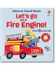 Корица на "Да се качим на пожарната кола (с 5 звука)", детска книжка с двама анимационни пожарникари и птица в червена пожарна кола. Корицата подчертава пет забавни бутона със звуци, които децата могат да натискат и да се наслаждават.-1-thumb
