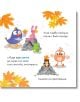 Илюстрирана страница от "Лиле-Пиле се запознава" показва Лиле-Пиле и приятели - срамежлива и весела птица, зайче и мече - сред есенни листа. Българският текст подкрепя емоционалното развитие по време на взаимодействието им върху скалите.-5-thumb