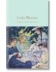 Корица на "Малки жени" (Macmillan Collector's Library), на която четири млади жени в старинни облекла седят на открито под дървета и се занимават с четене, шиене и писане.-thumb