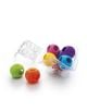 Шест цветни пластмасови топчета с отвори от логическата игра Smart Games: Включете се в списъка на играчите, които са поставени върху и около прозрачна кутия, наподобяваща опаковка за яйца. Зеленото и оранжевото топче са извън кутията.-4-thumb