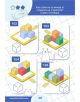На страница с пъзел от "Логика 4-6 год." са показани четири триизмерни блокови структури (102-105) върху решетки с гледни точки с жълти стрелки. Цветните блокчета и анимационната котка осигуряват занимателни упражнения за децата.-7-thumb