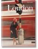 Стилна жена с червена забрадка и черно палто стои до знак KEEP LEFT, докато червен двуетажен автобус преминава по лондонска улица, запечатвайки духа на града. Корицата на книгата включва: Лондон: Лондон: Портрет на един град.-1-thumb