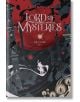 Стилизираната корица на Lord of Mysteries, Vol. 1 представя фигура в бяло наметало сред руини и въртящи се форми на червен фон, напомняйки за стиймпънк фентъзи и мистериозно приключение.-thumb