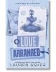 Корицата на книгата "Love Arranged" със синя илюстрация с фонтан, пеперуди, печати и удебелен текст върху изображението.-thumb