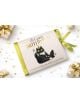 Луксозна картичка за рожден ден - Birthday Cat с черно-бяла котка със парти шапка и надпис "It's your BIRTHDAY? Поздравления! А сега къде е храната ми?". Златни панделки и подаръци допълват празничното усещане.-3-thumb