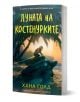 Корицата на българската детска приключенска книга за Луната на костенурките показва дете на гигантска костенурка по залез слънце, обрамчено от палми, с море и оранжево небе на заден план.-1-thumb