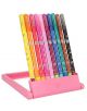 Десет магически двупосочни флумастери Top Model с различни цветове са подредени в розов пластмасов държач, който е леко отворен и наклонен, за да покаже комплекта.-2-thumb
