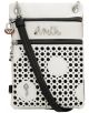 Малка бяла чанта Anekke Alma за през рамо (15 x 23 x 2 см) с черни точки, черна дръжка, сребристи ципове и лого "Anekke Alma" отпред. Декоративни висулки на циповете придават игрив акцент.-3-thumb