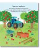 Син трактор седи в овощна градина с червени ябълки, трева, количка, щайга, стълба и пеперуди - всичко това е представено в "Малки любопитковци: Фермата", перфектно за детска занимателна книжка или игри за деца.-4-thumb