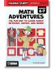 Корица на Manga Quest Mathematics: за 6-7 клас. Момче от анимационен филм в екипировка на изследовател и очила държи лупа с математически диаграми и приятел с горна шапка, като приканва читателите да решат вълнуващи математически загадки.-1-thumb