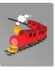 Червен влак в анимационен стил с три вагона се движи по извити релси, от жълтия му комин излиза бяла пара, на сив фон - идеален за Мемори карти с превозните средства.-7-thumb
