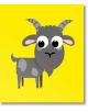 Карикатурна сива коза с големи очи, шарени рога и малка брада се усмихва на яркожълт фон - идеален за Мемори карти с животни.-2-thumb
