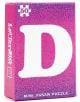 Розовата кутия с надпис Мини пъзел Professor Puzzle - Букви, асортимент показва голяма бяла буква D със сини петънца, икона "50" в ъгъла за 50 парчета пъзел. Идеален за изучаване на английска азбука или като подарък за мини пъзел.-1-thumb