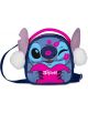 Мини раничка Seven Lilo & Stitch е малка синя чантичка на тема Disney с розова дръжка, пухкави бели уши с помпони и изображението на Stitch, който намига и държи розово сърце с украса от целувки.-1-thumb