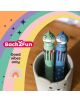 Многоцветна химикалка Miquelrius Back2Fun – Акула, синя, 10 цвята, с капачка с анимационен мотив, поставена в бяла поставка във формата на котка. На пастелния дъгов фон са изобразени звезди, надписите „Back2Fun“ и „Good vibes only“ до малка дъга.-6-thumb
