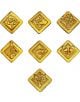 Седем златни значки с форма на диамант от Монополи - Jujutsu Kaisen, всяка с уникален символ - око, ръка, роза, меч, медни кокалчета, очила и пеперуда - изобразени на бял фон за феновете на настолна игра.-7-thumb