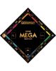 Квадратно табло Монополи - Mega Gold Edition в черно и златно, с изображения на пространства за собственост, комунални услуги, железопътни линии, "GO" във всеки ъгъл и надпис "Монополи - Mega Gold Edition английско издание настолна игра" в центъра.-3-thumb