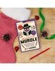 Murdle: More Killer Puzzles, книга с пъзели с мистерии на убийства за детективи в креслото, е поставена на дървен плот с червен молив, шишарки, зелена панделка, орнаменти и празничен червено-бял коледен чорап.-2-thumb