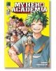 Корицата на My Hero Academia, Vol. 42 показва усмихнато зеленокосо момче в училищна униформа, по-малко момче в костюм и ученици от Академията за герои, които показват своите странности на яркожълт фон.-1-thumb