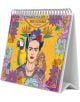 Настолен календар Grupo Erik - Frida Kahlo, 2026 година: цветен дизайн с илюстриран портрет на Фрида Кало, папагал на рамото й, маймунка до нея и пъстри цветя и шарки в бекграунда.-1-thumb