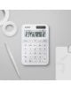 Настолният калкулатор Casio MS-20YC-W в бял цвят показва 1234567890.12, аранжиран с бяла химикалка, ролки с тиксо и клипборд със скоби за хартия върху светлосиво бюро в минималистичен стил.-3-thumb