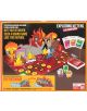 Настолна игра Exploding Kittens: Настолната игра е показана с разгъваема дъска, карти, жетони и рисунки на карикатурни котки. Текстът подчертава уникалната функция на обръщащото се табло и игривата, експлозивна тема на играта.-3-thumb
