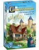 Корица на настолната игра Каркасон (настолна игра) с текст на руски език, изобразяваща сцена на средновековен град със замъци, каменна къща, езеро с лебеди и кули на катедрала - предлага се в книжарница Orange.-1-thumb
