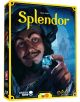 Кутията на настолната игра Splendor, обновено издание, показва мъж в ренесансово облекло с голям син скъпоценен камък; заглавието е изписано ярко в жълто отгоре, отразявайки темата за търговия със скъпоценности.-1-thumb