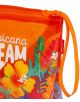 Несесер Legami - Tropicana Dream е оранжев плажен несесер с каишка за китката, украсен с цветни тропически цветя и листа. Частично видимият текст "DREAM" и червеният етикет "LEGAMI" също са представени.-3-thumb